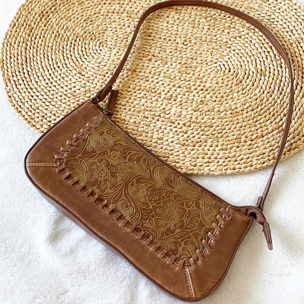 Boho Leather Embossed Camel Chestnut Mini Handbag